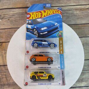 Hot Wheels 90 & 73 Honda Civic EF & Custom VTEC 3-Pack Collectible Die-Cast Cars